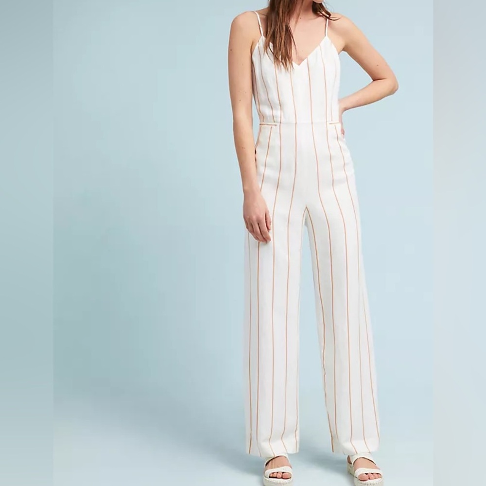Anthropologie The Essential Yarn-Dyed White Striped Jumpsuit Linen Blend Sz. 6